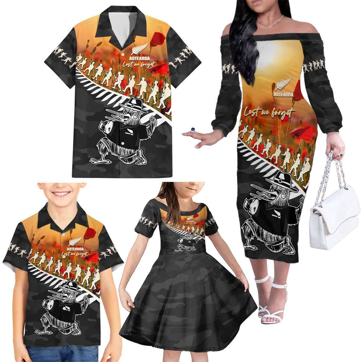 New Zealand ANZAC Rugby Family Matching Off The Shoulder Long Sleeve Dress and Hawaiian Shirt Soldier Fern With Kiwi Bird LT05 - Polynesian Pride