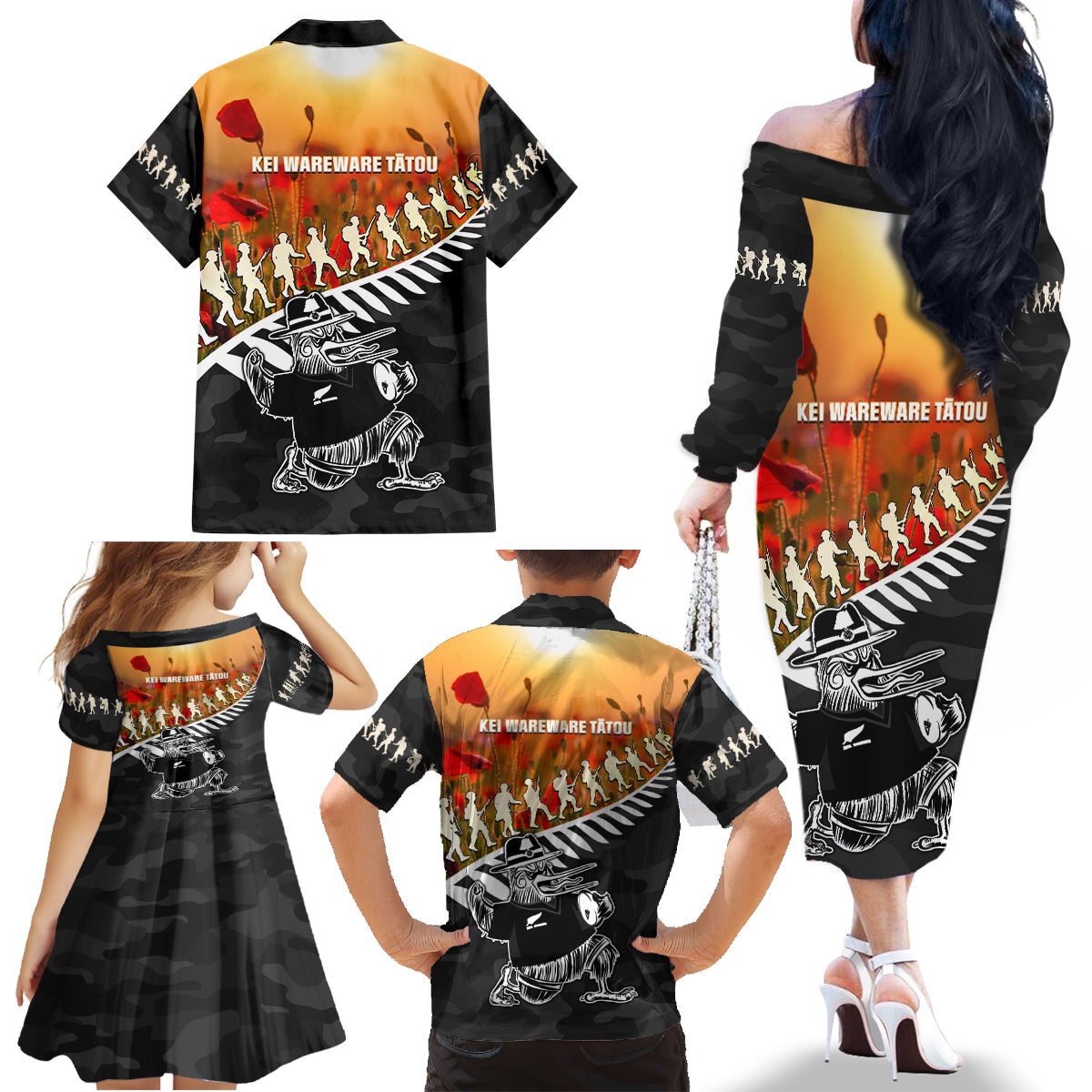 New Zealand ANZAC Rugby Family Matching Off The Shoulder Long Sleeve Dress and Hawaiian Shirt Soldier Fern With Kiwi Bird LT05 - Polynesian Pride