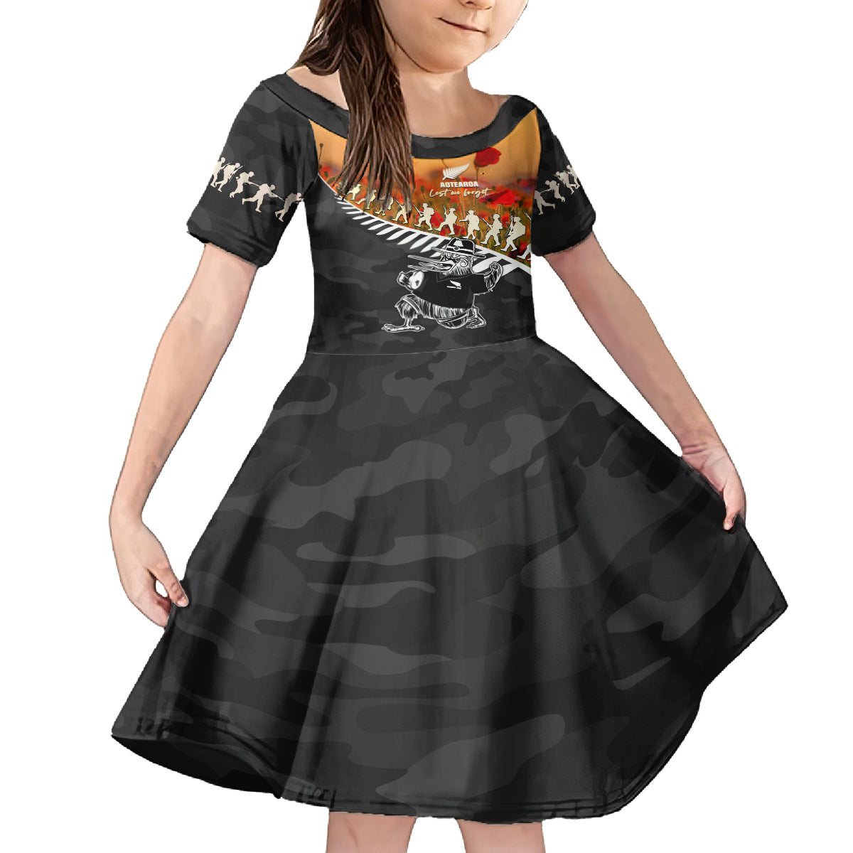 New Zealand ANZAC Rugby Family Matching Off Shoulder Maxi Dress and Hawaiian Shirt Soldier Fern With Kiwi Bird LT05 Daughter's Dress Black - Polynesian Pride