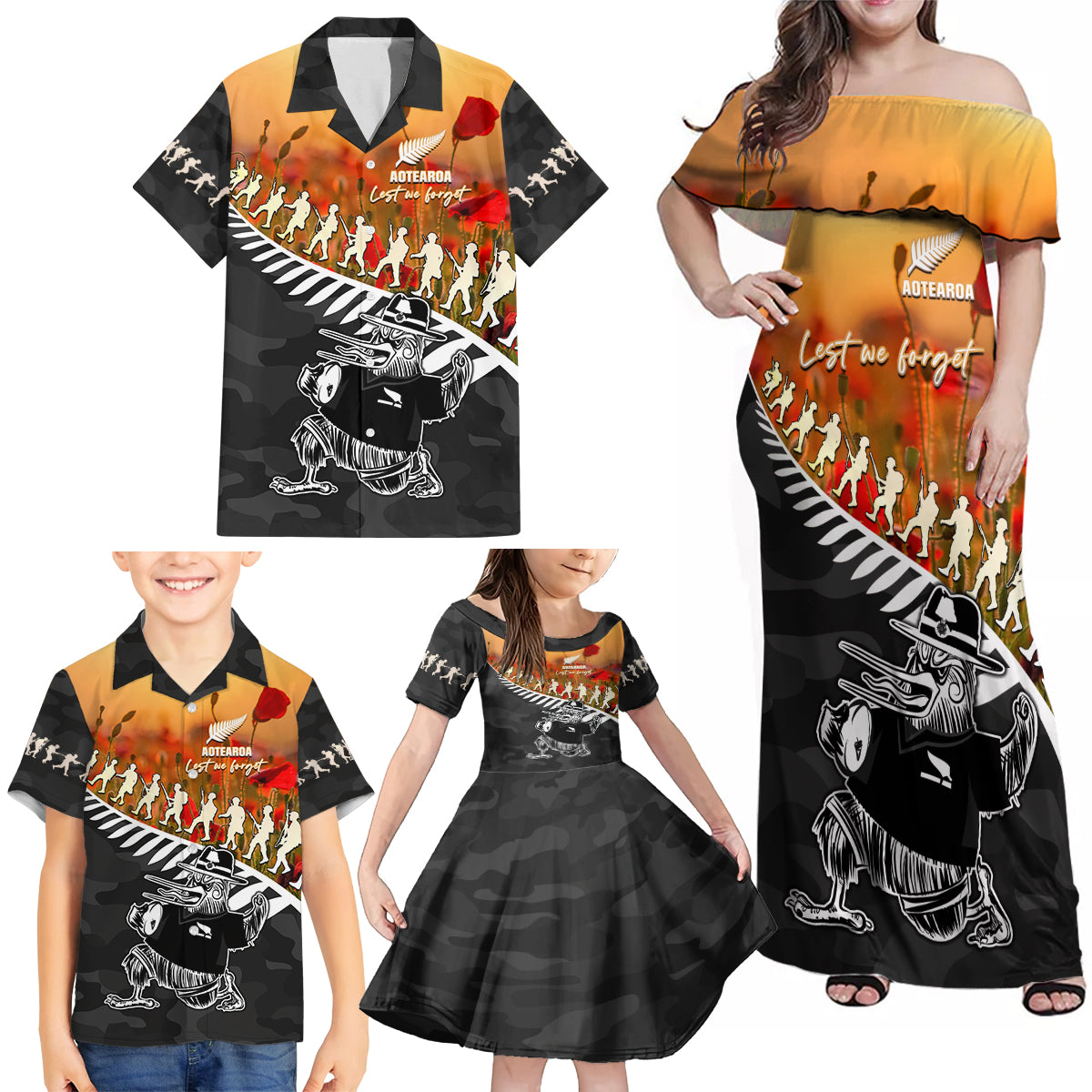 New Zealand ANZAC Rugby Family Matching Off Shoulder Maxi Dress and Hawaiian Shirt Soldier Fern With Kiwi Bird LT05 - Polynesian Pride