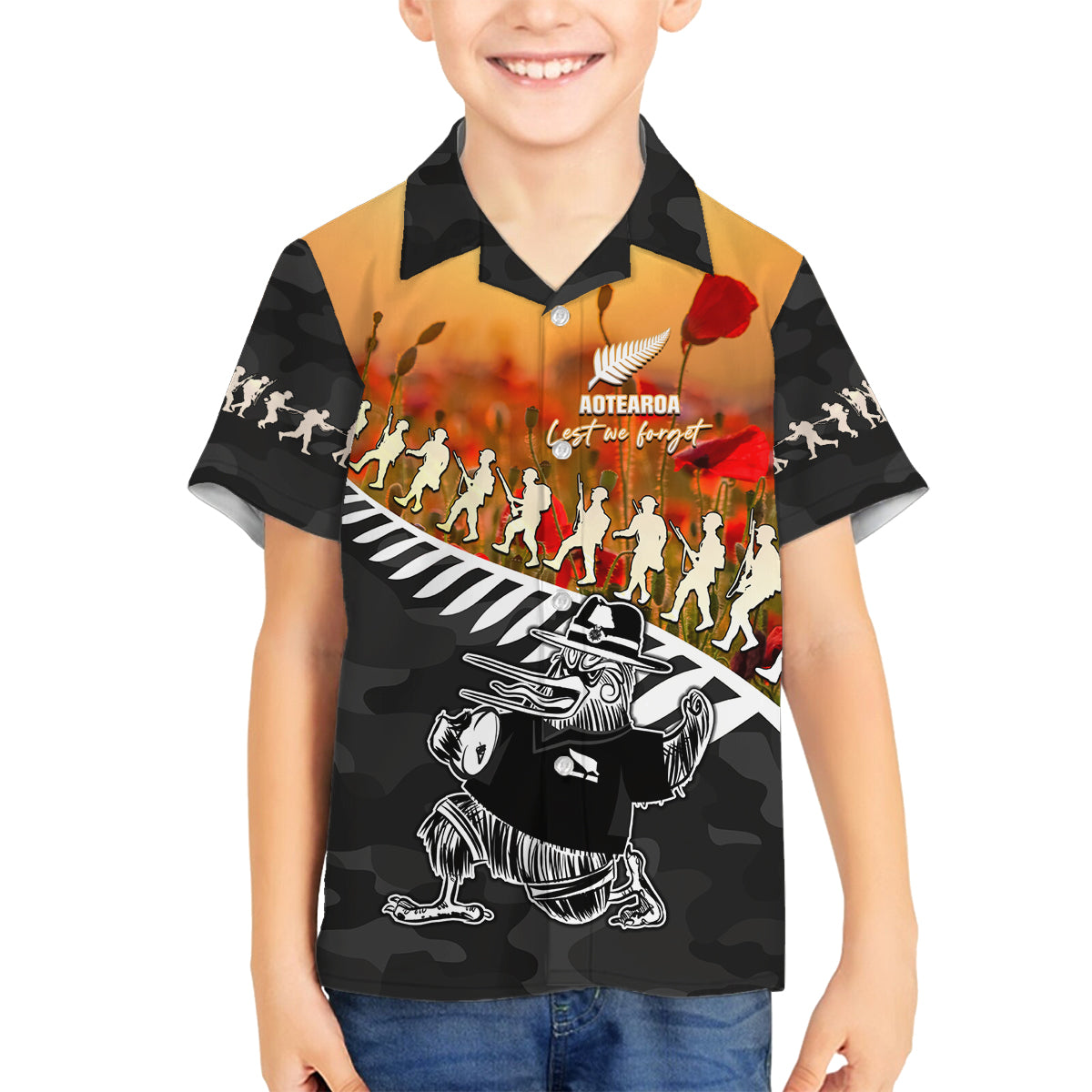 New Zealand ANZAC Rugby Family Matching Off Shoulder Maxi Dress and Hawaiian Shirt Soldier Fern With Kiwi Bird LT05 Son's Shirt Black - Polynesian Pride