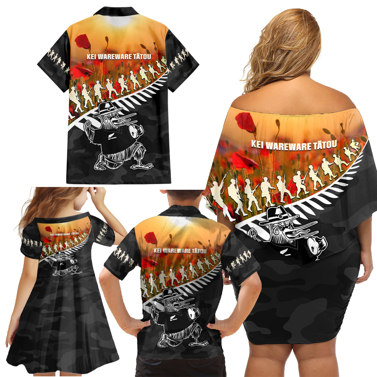New Zealand ANZAC Rugby Family Matching Off Shoulder Short Dress and Hawaiian Shirt Soldier Fern With Kiwi Bird LT05 - Polynesian Pride