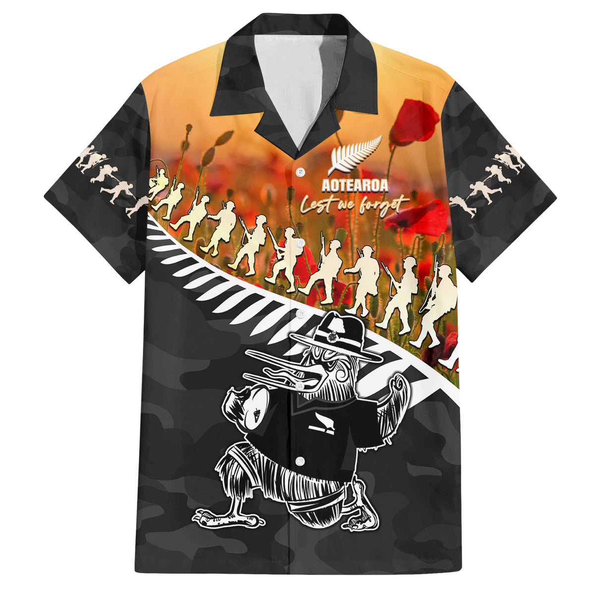 New Zealand ANZAC Rugby Family Matching Puletasi and Hawaiian Shirt Soldier Fern With Kiwi Bird LT05 Dad's Shirt - Short Sleeve Black - Polynesian Pride