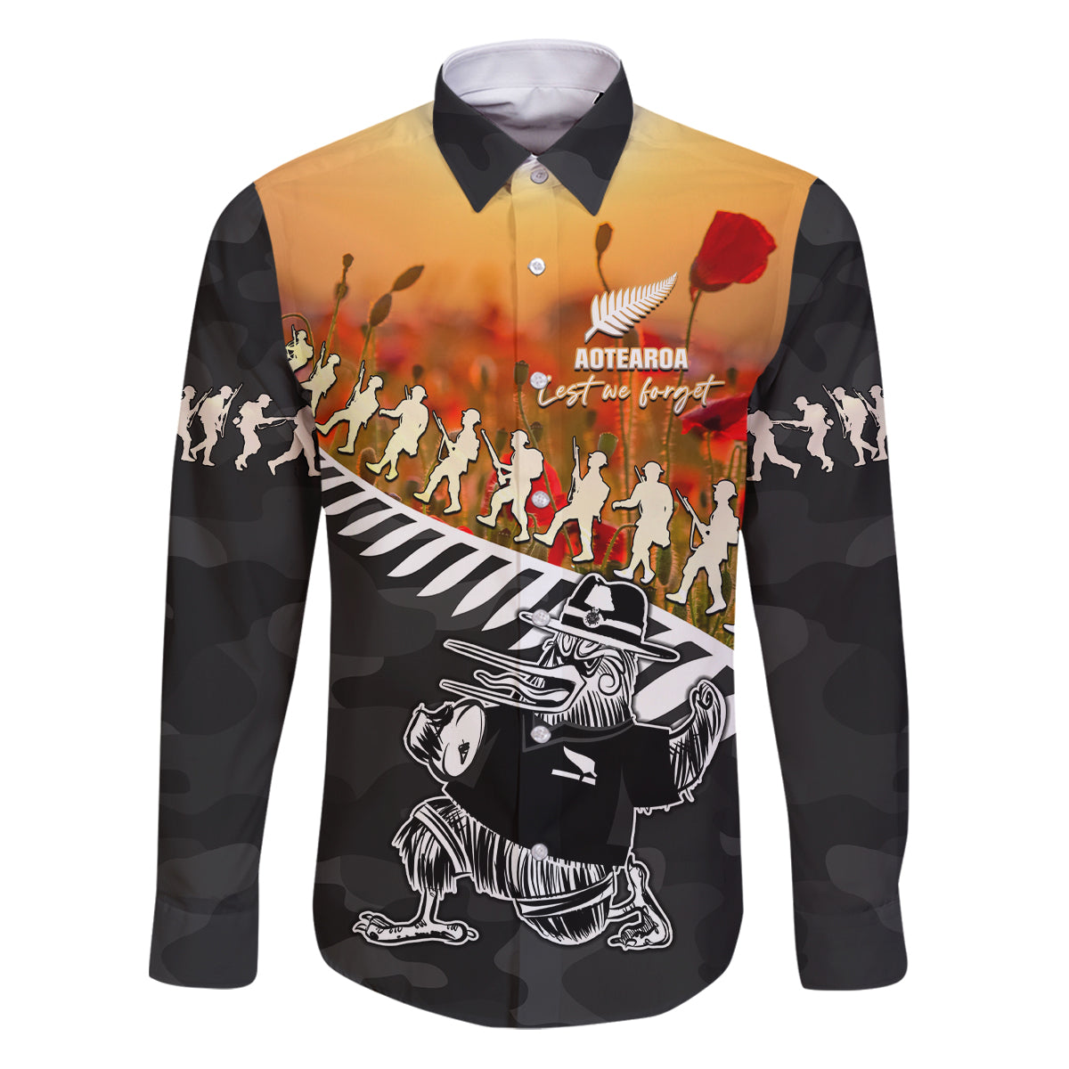 New Zealand ANZAC Rugby Family Matching Puletasi and Hawaiian Shirt Soldier Fern With Kiwi Bird LT05 Dad's Shirt - Long Sleeve Black - Polynesian Pride