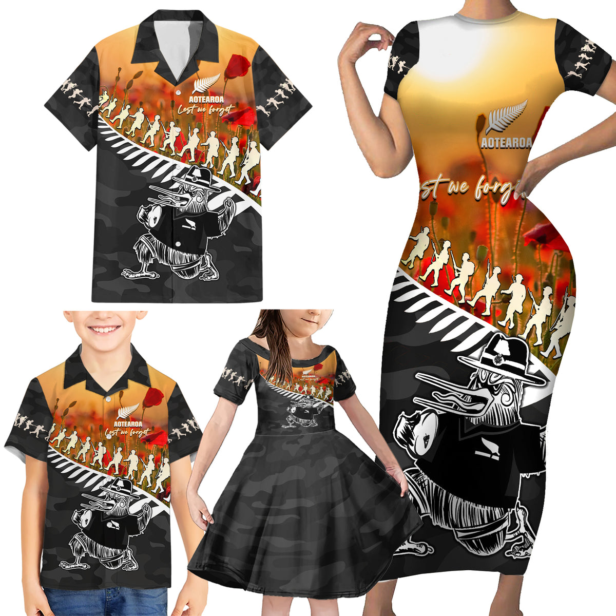 New Zealand ANZAC Rugby Family Matching Short Sleeve Bodycon Dress and Hawaiian Shirt Soldier Fern With Kiwi Bird LT05 - Polynesian Pride
