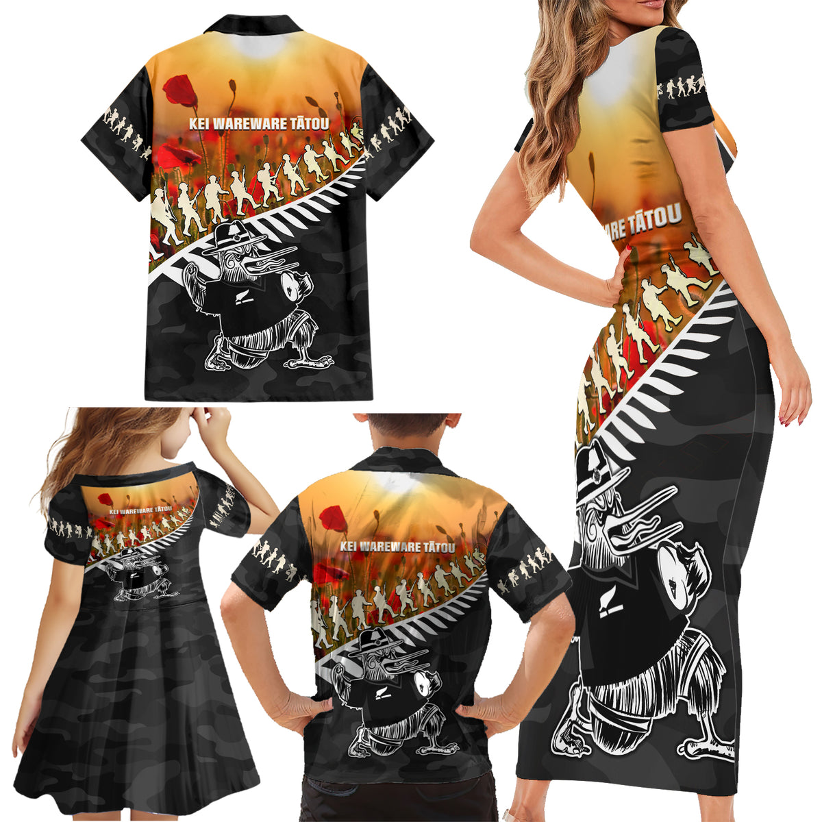 New Zealand ANZAC Rugby Family Matching Short Sleeve Bodycon Dress and Hawaiian Shirt Soldier Fern With Kiwi Bird LT05 - Polynesian Pride