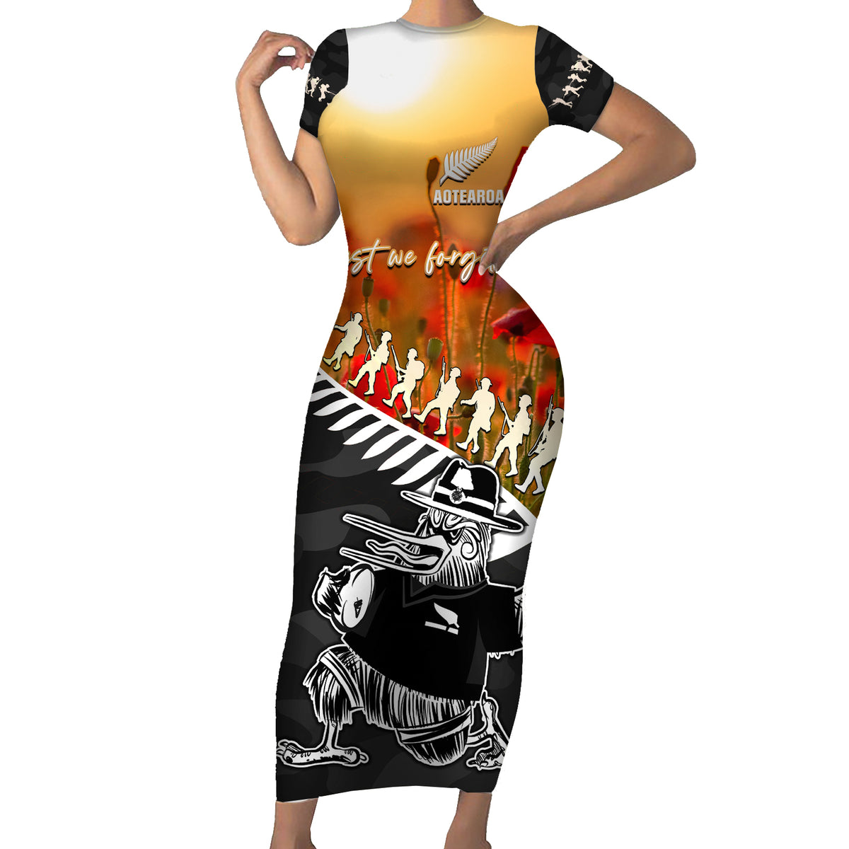 New Zealand ANZAC Rugby Family Matching Short Sleeve Bodycon Dress and Hawaiian Shirt Soldier Fern With Kiwi Bird LT05 Mom's Dress Black - Polynesian Pride