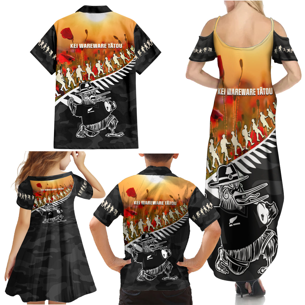 New Zealand ANZAC Rugby Family Matching Summer Maxi Dress and Hawaiian Shirt Soldier Fern With Kiwi Bird LT05 - Polynesian Pride
