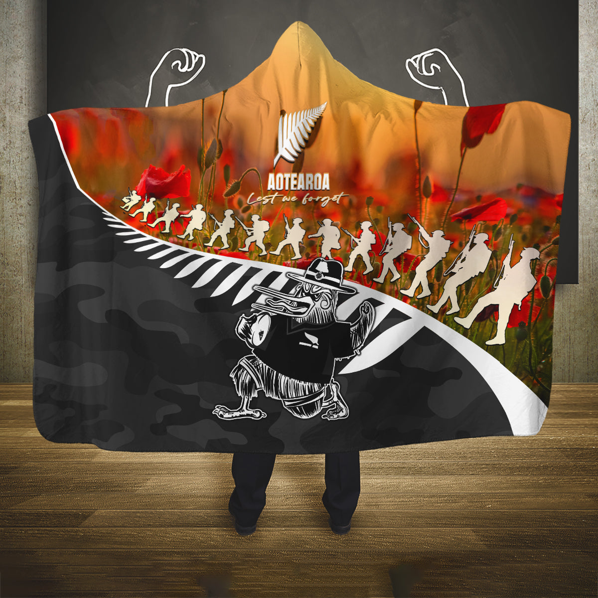 New Zealand ANZAC Rugby Hooded Blanket Soldier Fern With Kiwi Bird LT05 One Size Black - Polynesian Pride