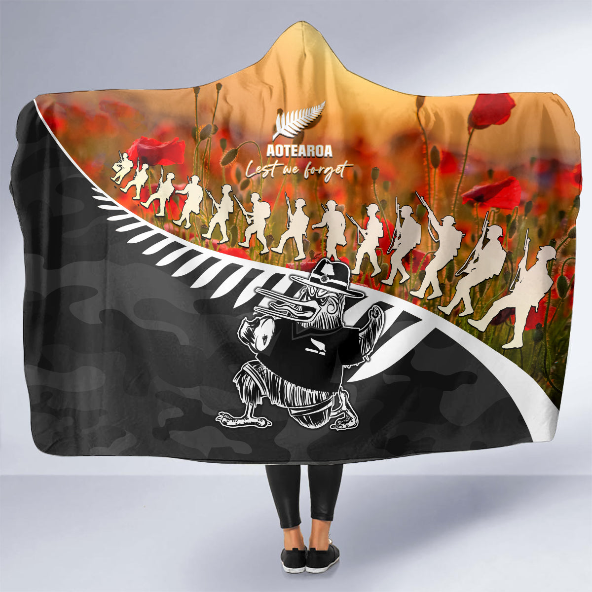 New Zealand ANZAC Rugby Hooded Blanket Soldier Fern With Kiwi Bird LT05 - Polynesian Pride