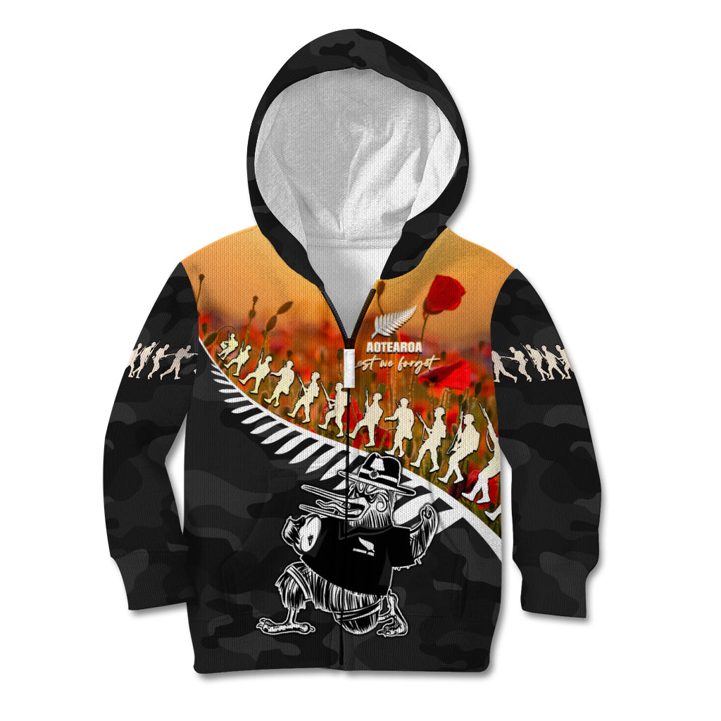 New Zealand ANZAC Rugby Kid Hoodie Soldier Fern With Kiwi Bird LT05 Zip Hoodie Black - Polynesian Pride