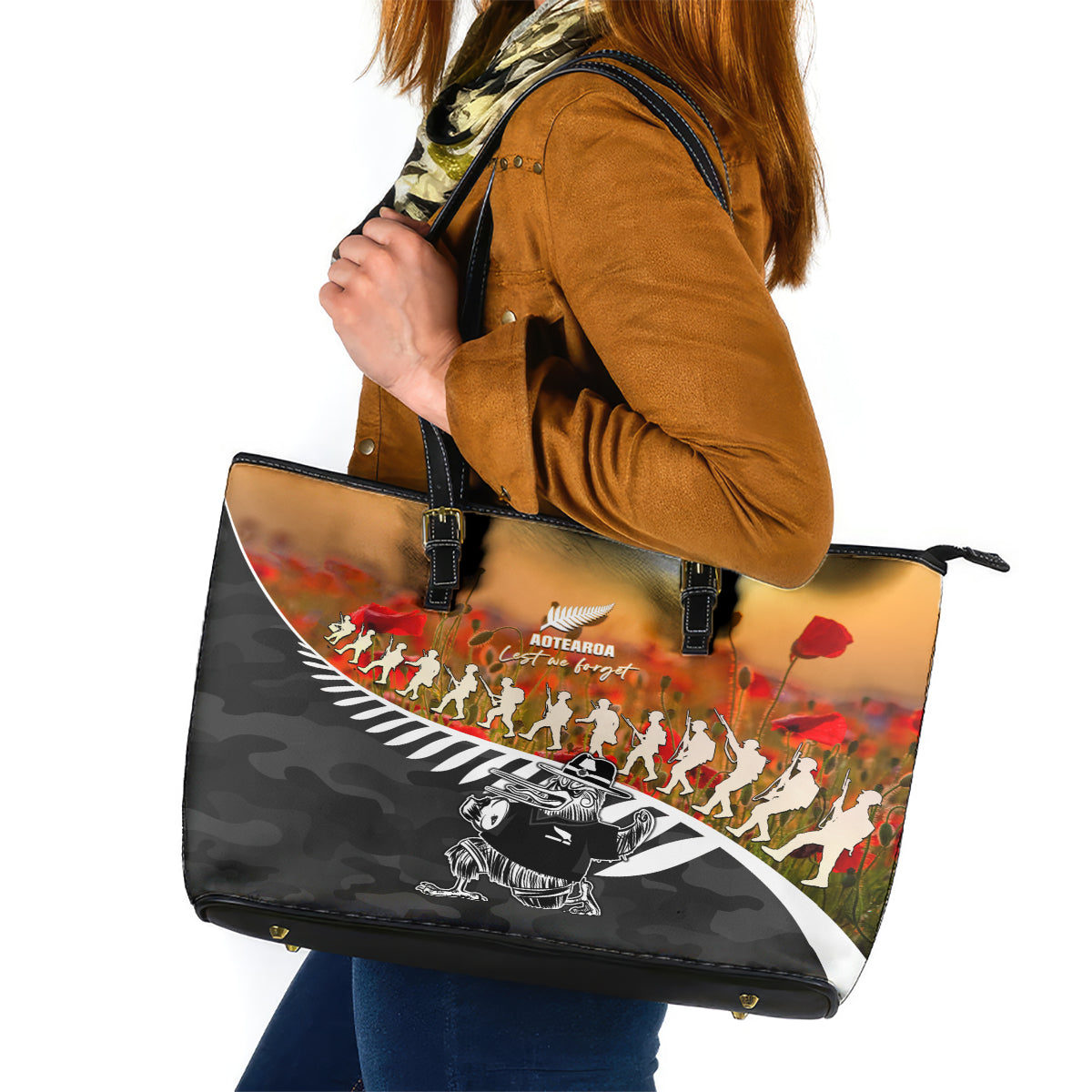 New Zealand ANZAC Rugby Leather Tote Bag Soldier Fern With Kiwi Bird LT05 Black - Polynesian Pride