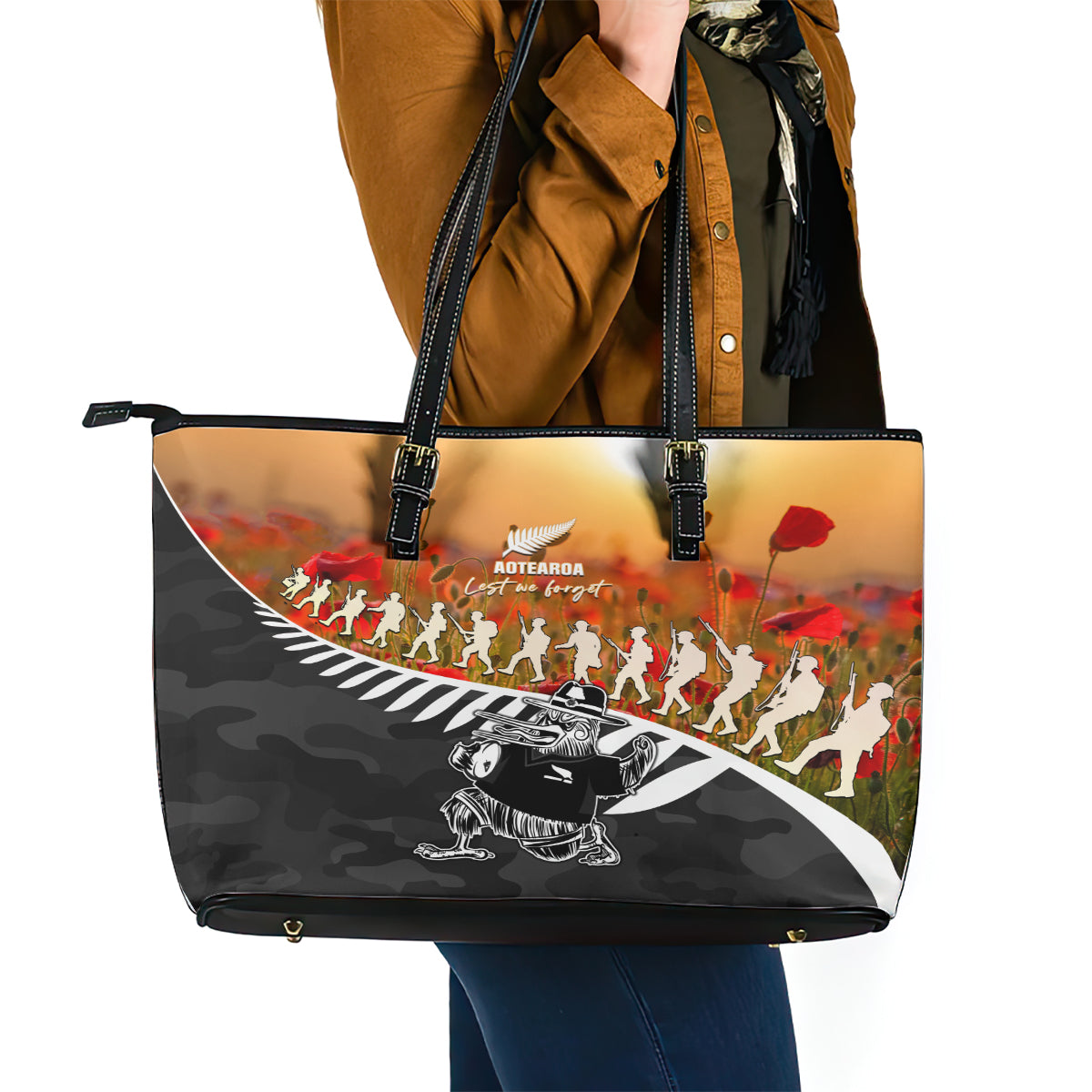 New Zealand ANZAC Rugby Leather Tote Bag Soldier Fern With Kiwi Bird LT05 - Polynesian Pride
