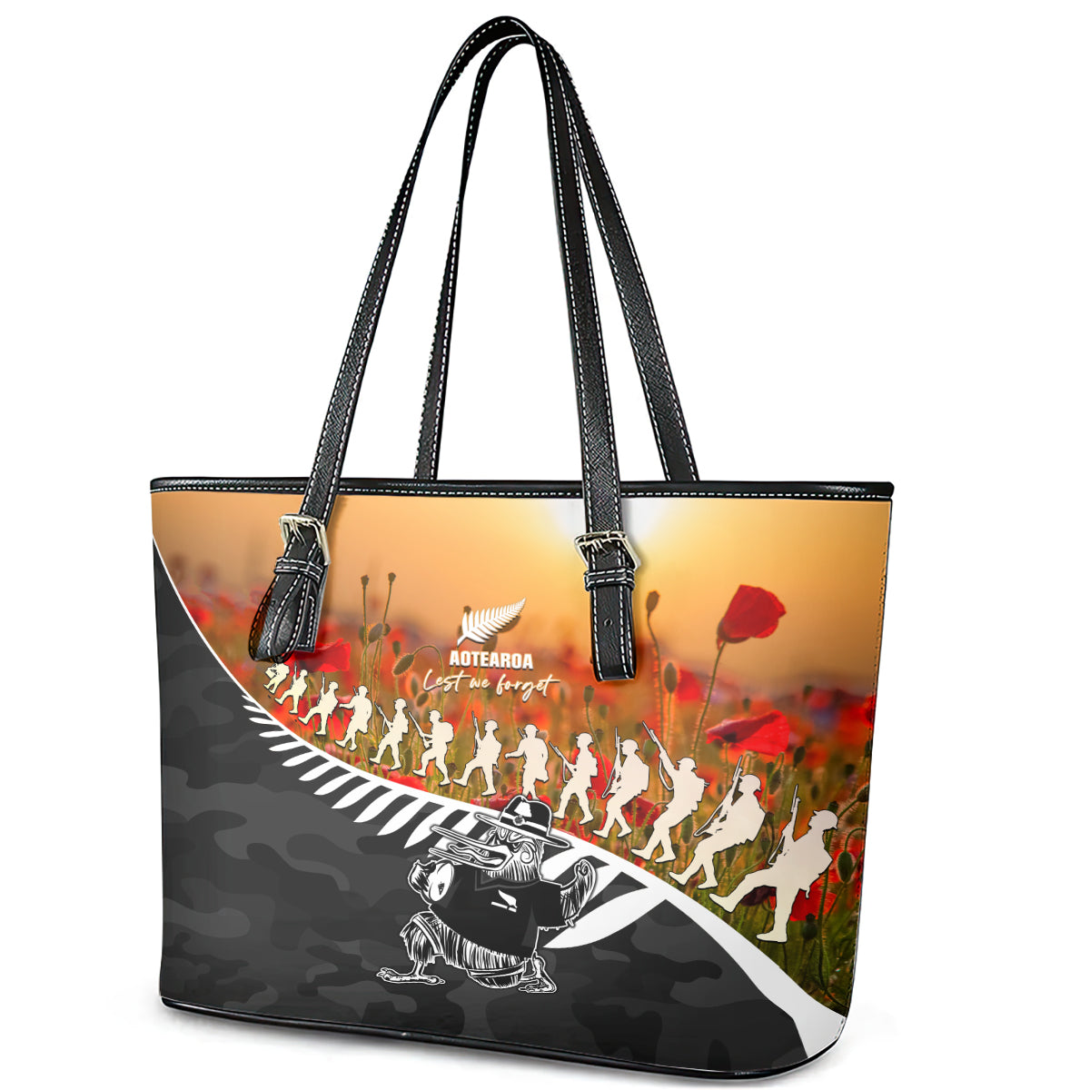 New Zealand ANZAC Rugby Leather Tote Bag Soldier Fern With Kiwi Bird LT05 - Polynesian Pride