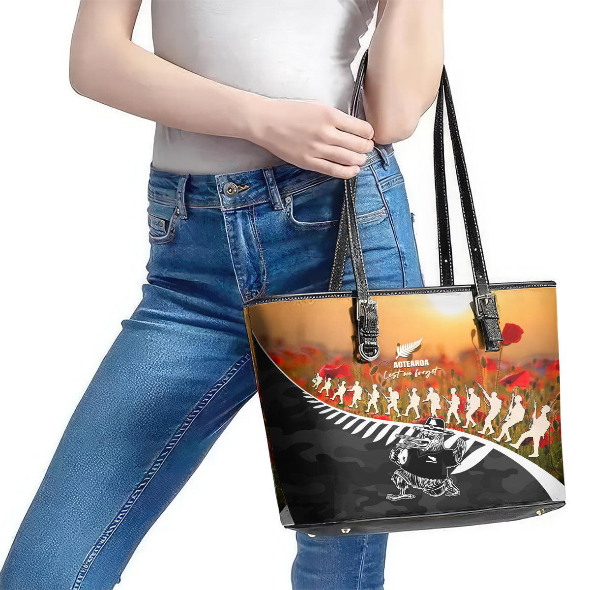 New Zealand ANZAC Rugby Leather Tote Bag Soldier Fern With Kiwi Bird LT05 - Polynesian Pride