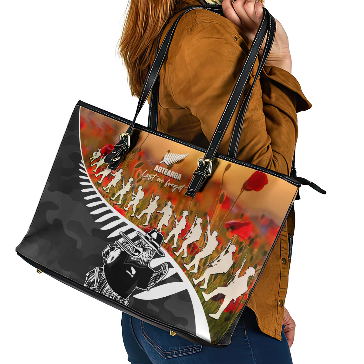 New Zealand ANZAC Rugby Leather Tote Bag Soldier Fern With Kiwi Bird LT05 - Polynesian Pride