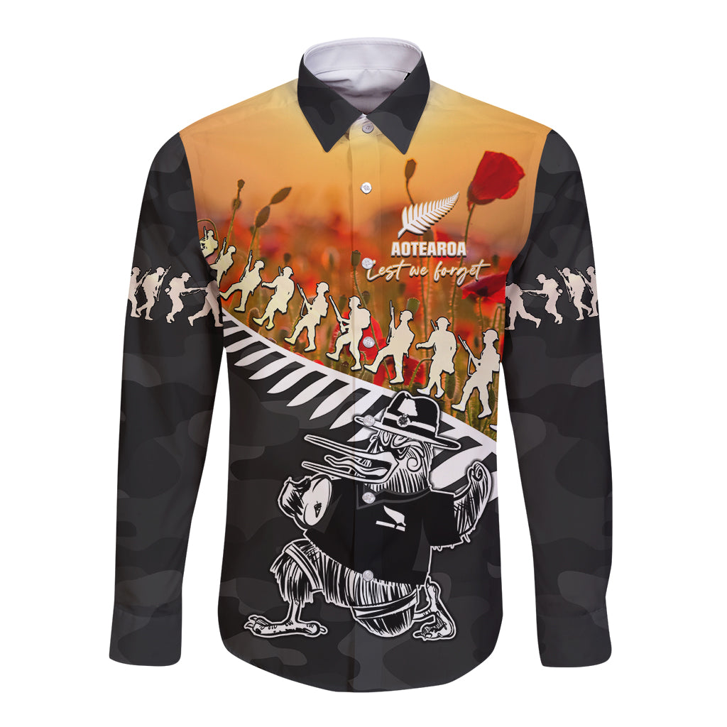 New Zealand ANZAC Rugby Long Sleeve Button Shirt Soldier Fern With Kiwi Bird LT05 Unisex Black - Polynesian Pride