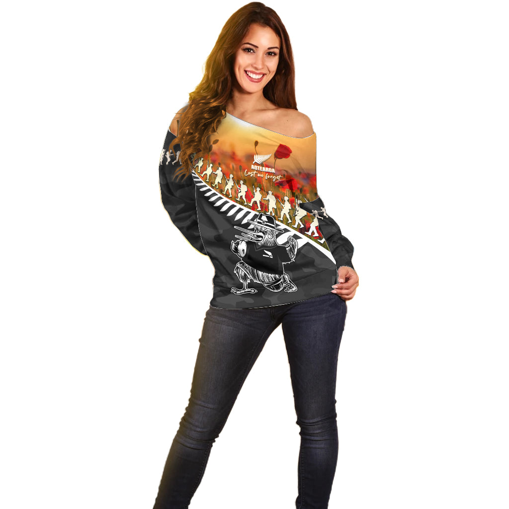 New Zealand ANZAC Rugby Off Shoulder Sweater Soldier Fern With Kiwi Bird LT05 - Polynesian Pride