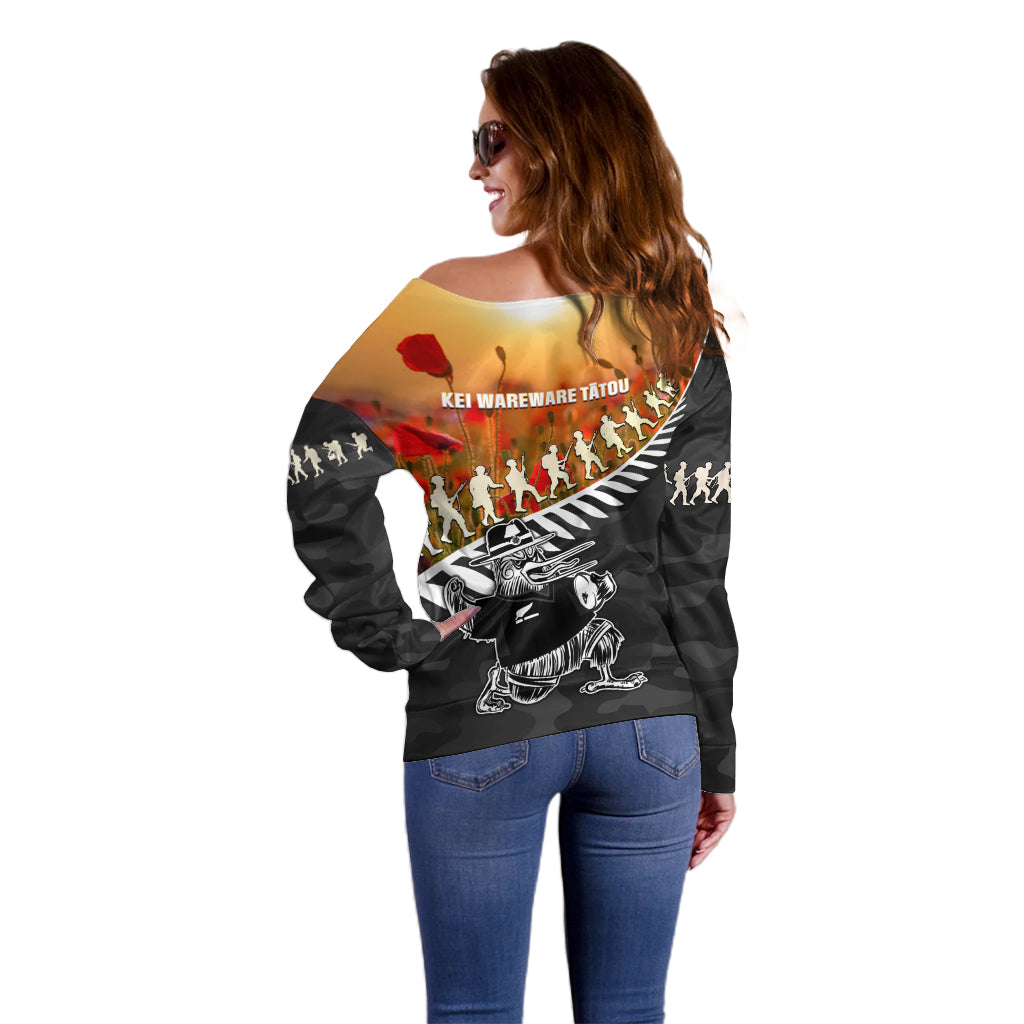 New Zealand ANZAC Rugby Off Shoulder Sweater Soldier Fern With Kiwi Bird LT05 - Polynesian Pride