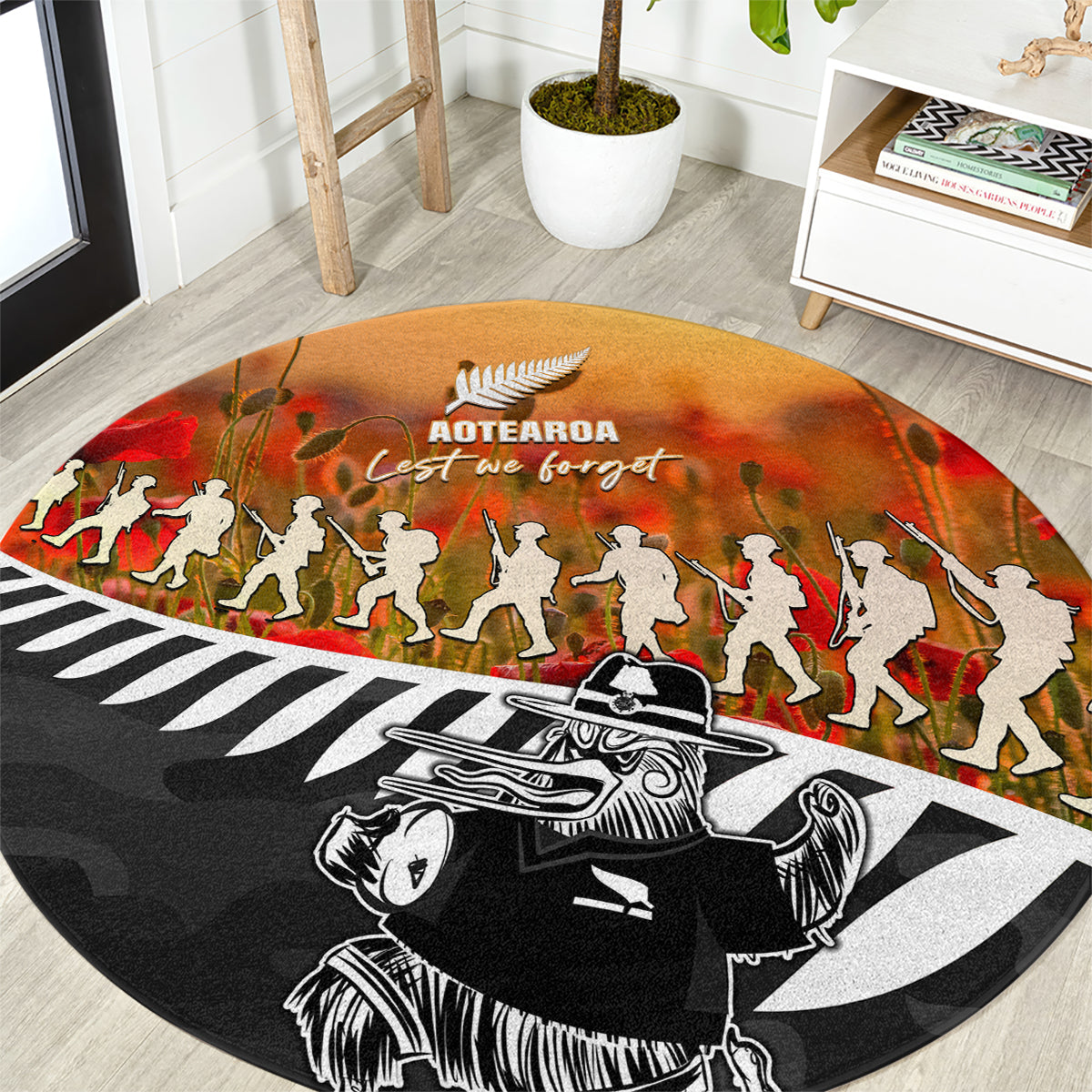 New Zealand ANZAC Rugby Round Carpet Soldier Fern With Kiwi Bird LT05 Black - Polynesian Pride