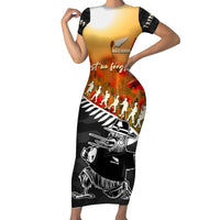 New Zealand ANZAC Rugby Short Sleeve Bodycon Dress Soldier Fern With Kiwi Bird LT05 Long Dress Black - Polynesian Pride