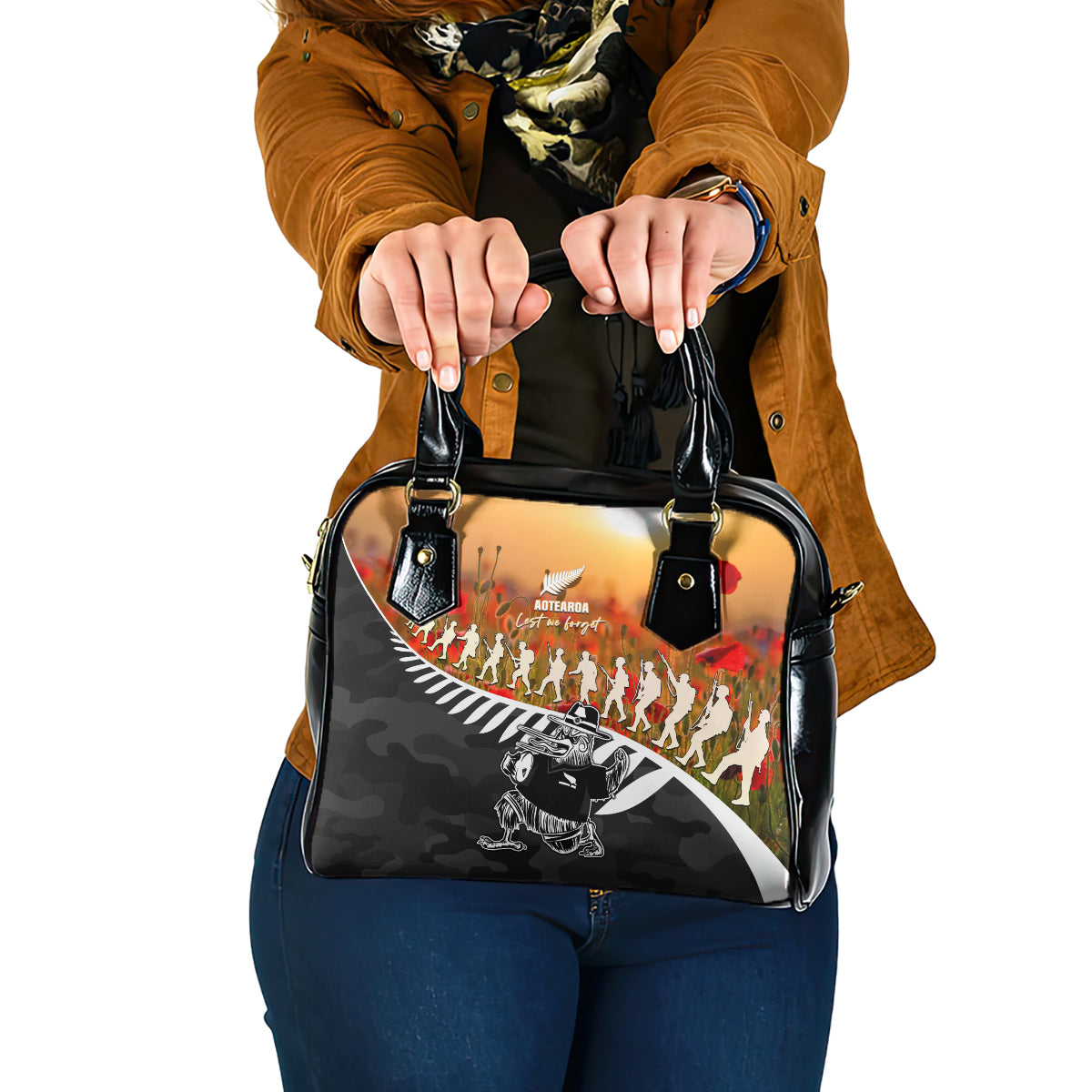 New Zealand ANZAC Rugby Shoulder Handbag Soldier Fern With Kiwi Bird LT05 One Size Black - Polynesian Pride
