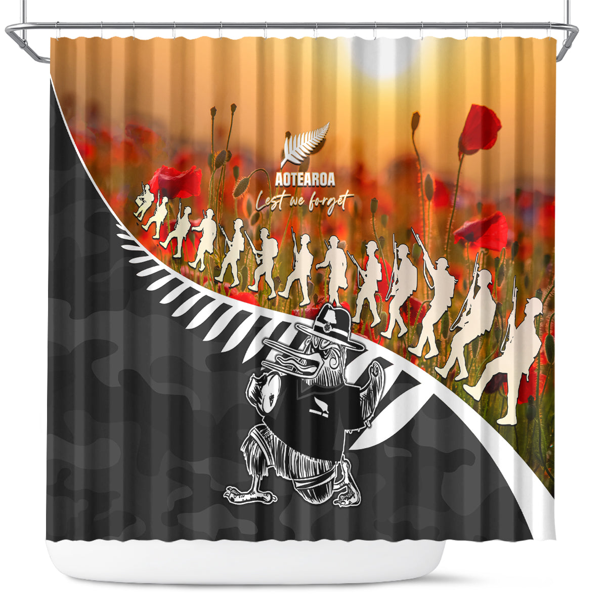 New Zealand ANZAC Rugby Shower Curtain Soldier Fern With Kiwi Bird LT05 Black - Polynesian Pride