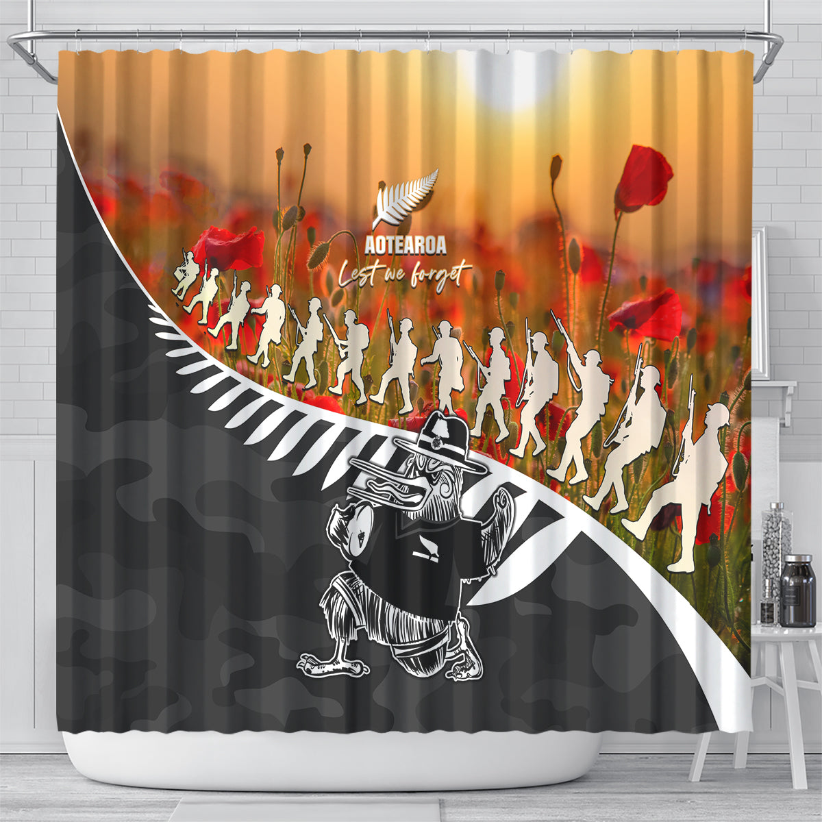 New Zealand ANZAC Rugby Shower Curtain Soldier Fern With Kiwi Bird LT05 - Polynesian Pride