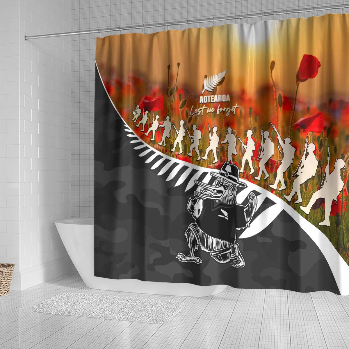 New Zealand ANZAC Rugby Shower Curtain Soldier Fern With Kiwi Bird LT05 - Polynesian Pride