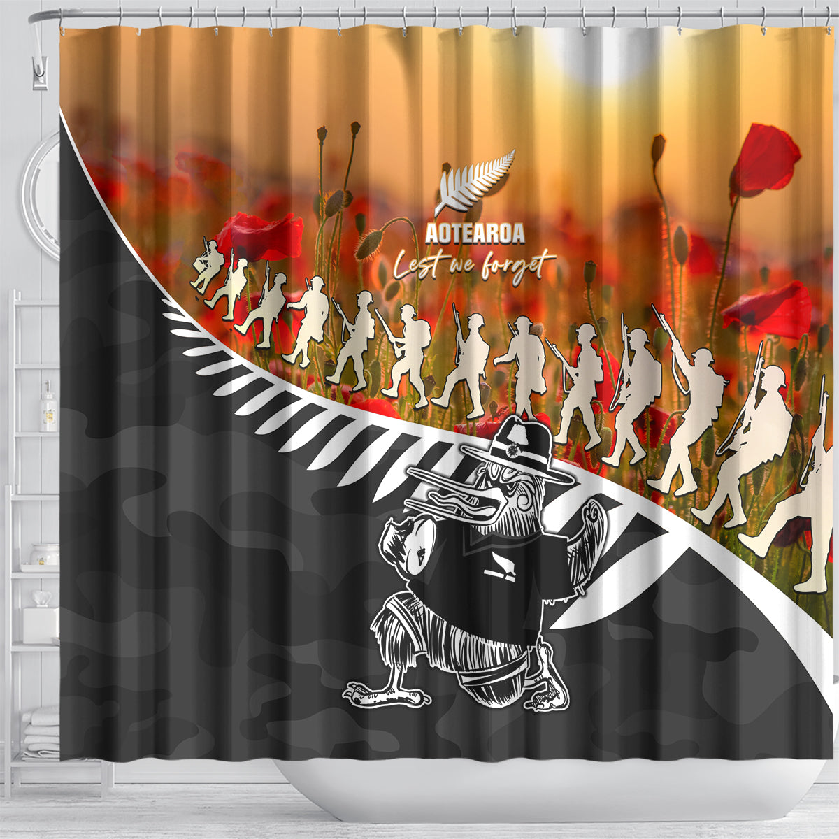 New Zealand ANZAC Rugby Shower Curtain Soldier Fern With Kiwi Bird LT05 - Polynesian Pride