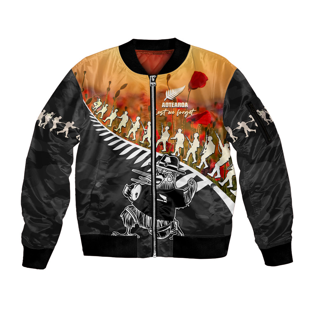 New Zealand ANZAC Rugby Sleeve Zip Bomber Jacket Soldier Fern With Kiwi Bird LT05 Unisex Black - Polynesian Pride