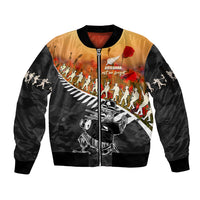 New Zealand ANZAC Rugby Sleeve Zip Bomber Jacket Soldier Fern With Kiwi Bird LT05 Unisex Black - Polynesian Pride