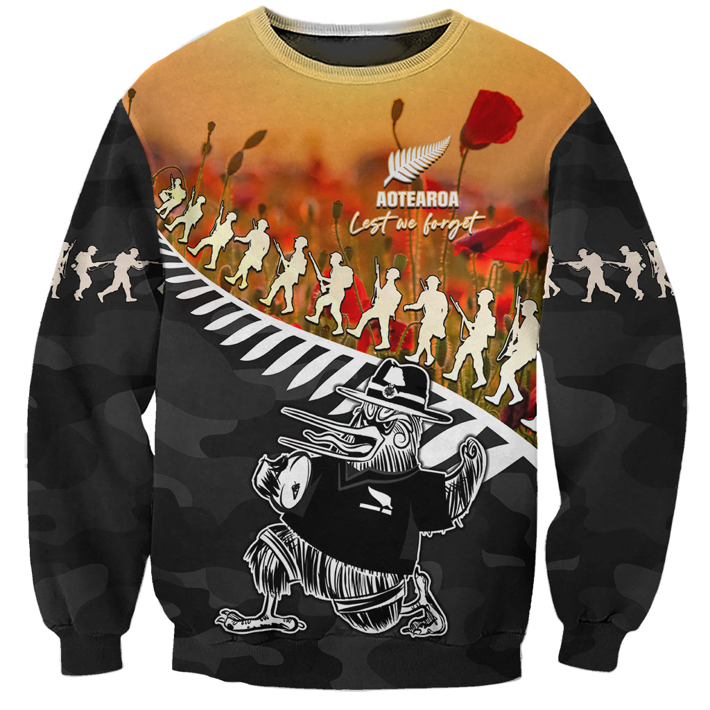 New Zealand ANZAC Rugby Sweatshirt Soldier Fern With Kiwi Bird LT05 Unisex Black - Polynesian Pride