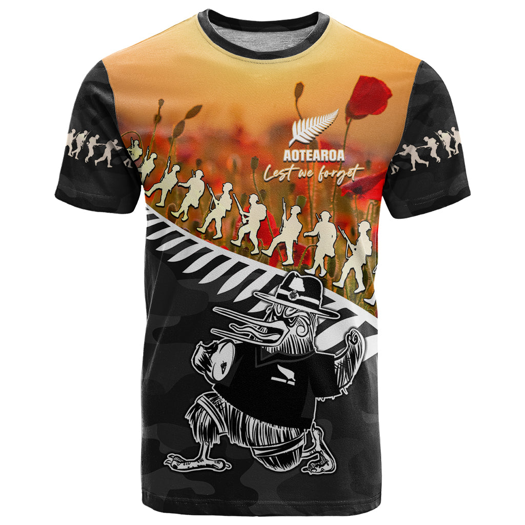 New Zealand ANZAC Rugby T Shirt Soldier Fern With Kiwi Bird LT05 Black - Polynesian Pride