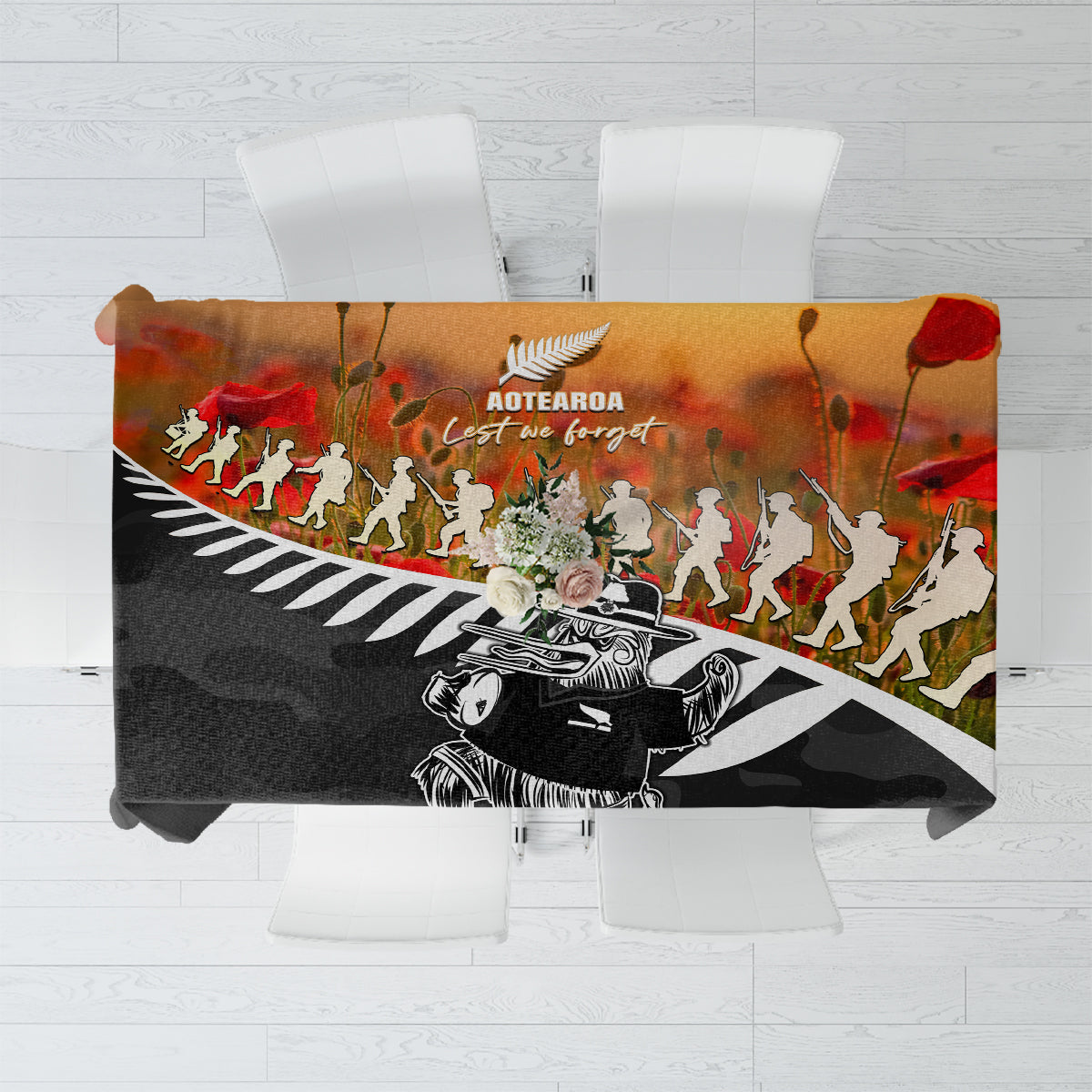 New Zealand ANZAC Rugby Tablecloth Soldier Fern With Kiwi Bird LT05 Black - Polynesian Pride