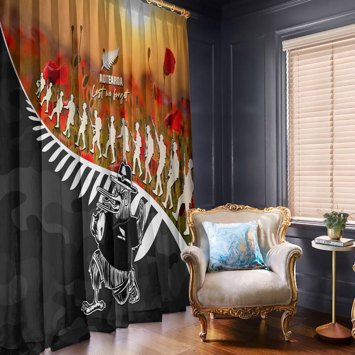 New Zealand ANZAC Rugby Window Curtain Soldier Fern With Kiwi Bird LT05 - Polynesian Pride