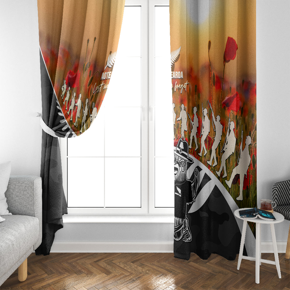 New Zealand ANZAC Rugby Window Curtain Soldier Fern With Kiwi Bird LT05 - Polynesian Pride