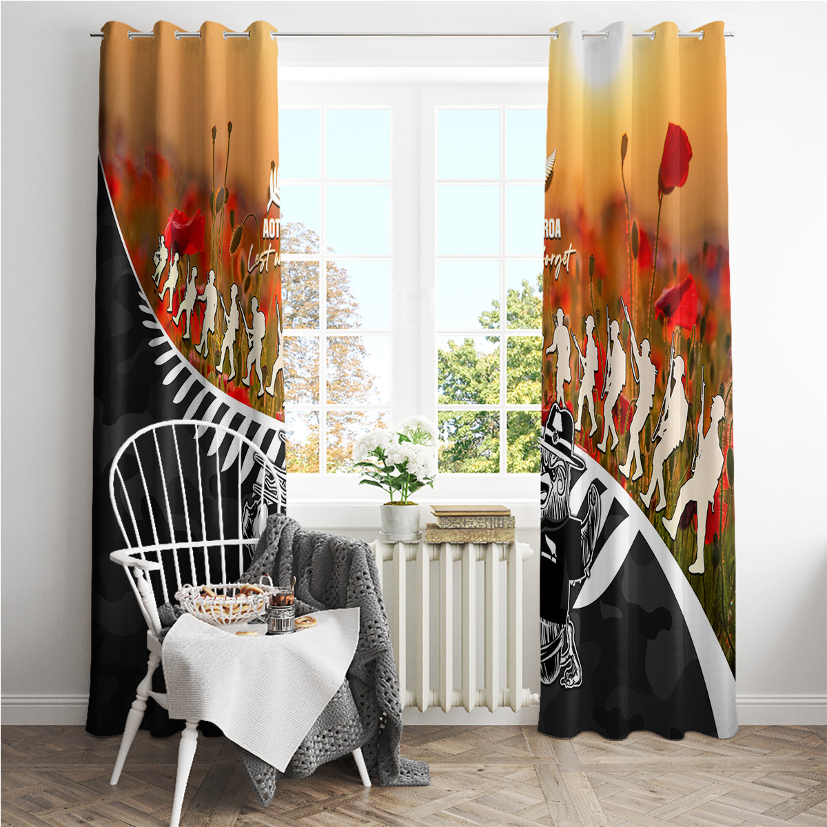 New Zealand ANZAC Rugby Window Curtain Soldier Fern With Kiwi Bird LT05 - Polynesian Pride