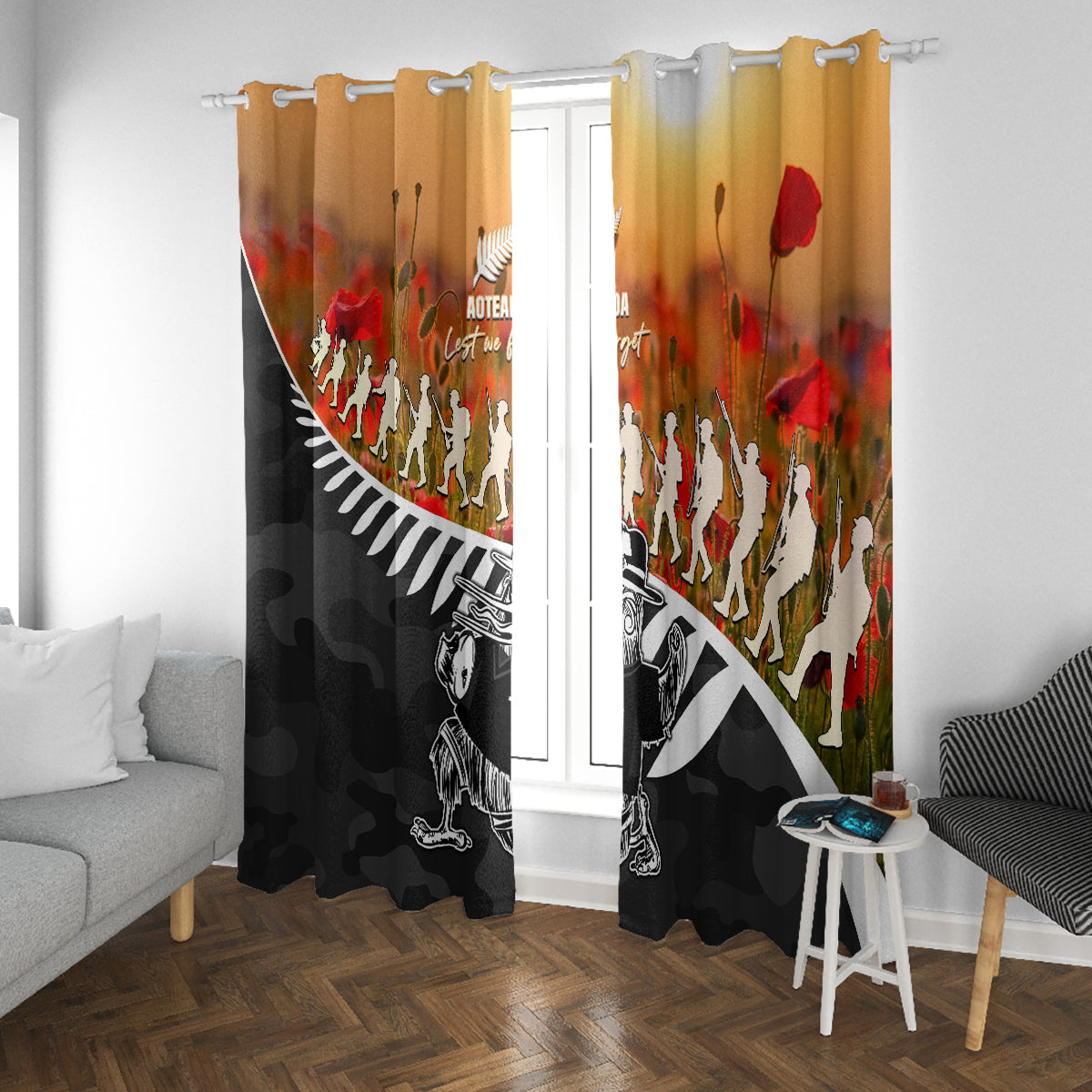 New Zealand ANZAC Rugby Window Curtain Soldier Fern With Kiwi Bird LT05 With Grommets Black - Polynesian Pride