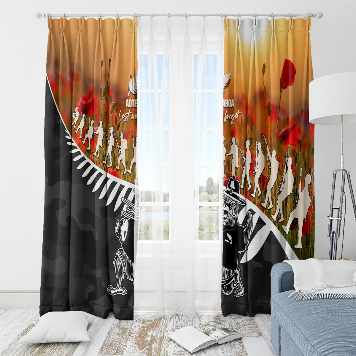New Zealand ANZAC Rugby Window Curtain Soldier Fern With Kiwi Bird LT05 - Polynesian Pride