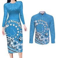 Personalised Penrhyn Gospel Day Couples Matching Long Sleeve Bodycon Dress and Long Sleeve Button Shirt Cook Islands Tribal Pattern LT05 Blue - Polynesian Pride