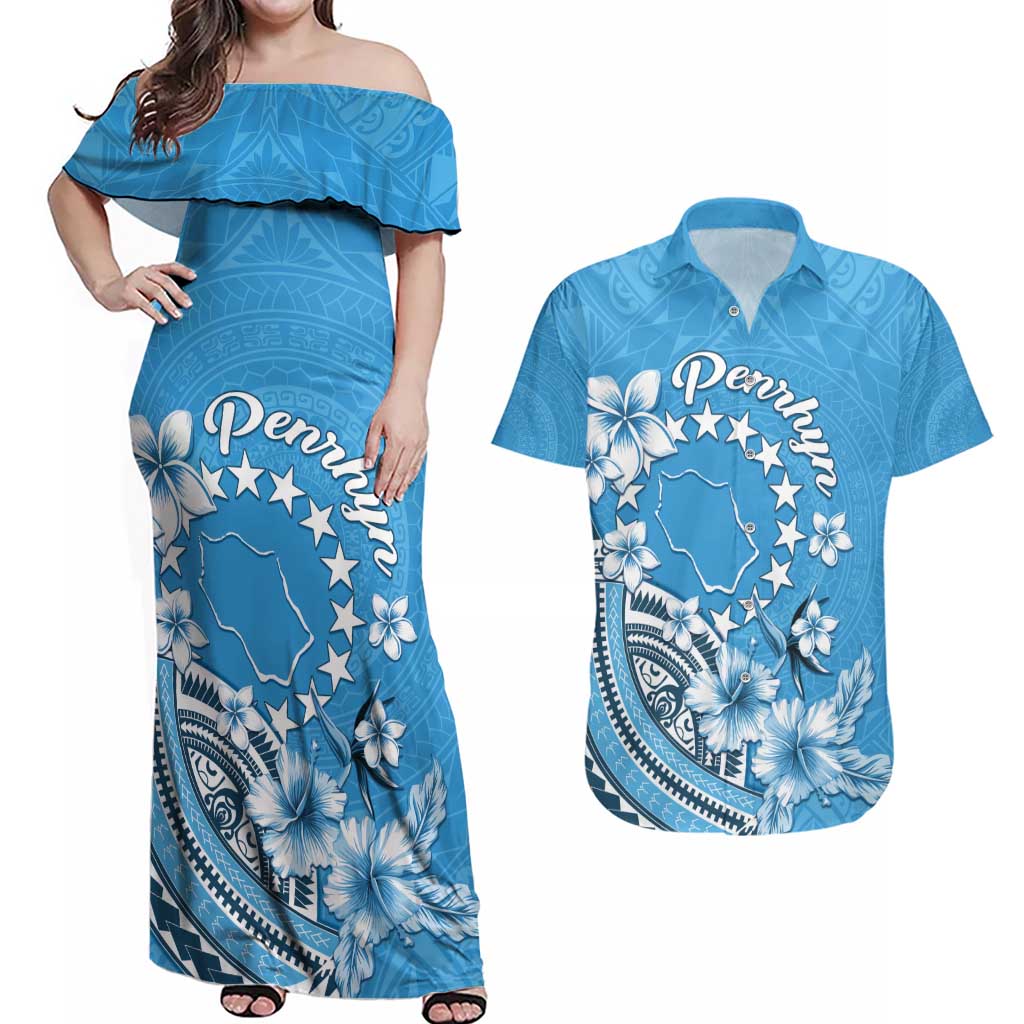 Personalised Penrhyn Gospel Day Couples Matching Off Shoulder Maxi Dress and Hawaiian Shirt Cook Islands Tribal Pattern LT05 Blue - Polynesian Pride