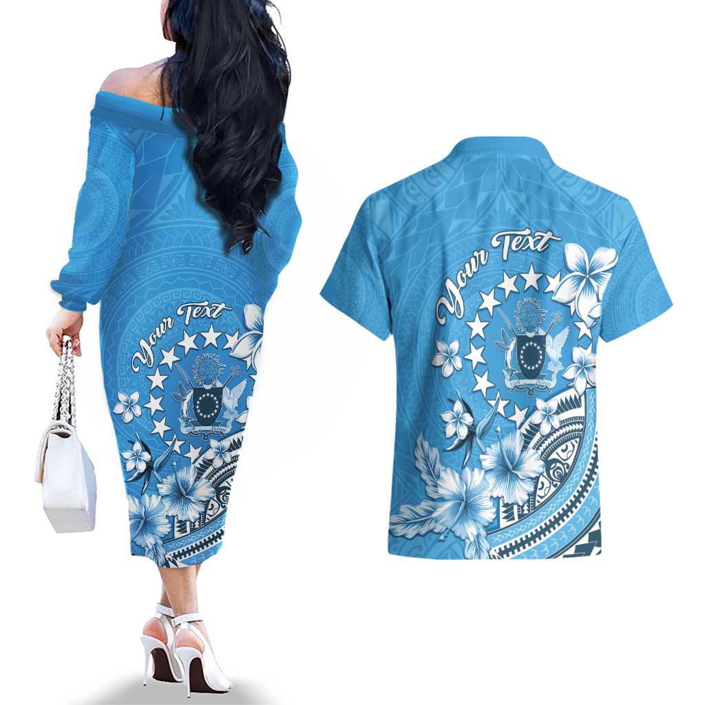 Personalised Penrhyn Gospel Day Couples Matching Off The Shoulder Long Sleeve Dress and Hawaiian Shirt Cook Islands Tribal Pattern LT05 - Polynesian Pride
