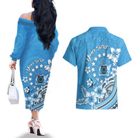 Personalised Penrhyn Gospel Day Couples Matching Off The Shoulder Long Sleeve Dress and Hawaiian Shirt Cook Islands Tribal Pattern LT05 - Polynesian Pride