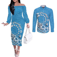 Personalised Penrhyn Gospel Day Couples Matching Off The Shoulder Long Sleeve Dress and Long Sleeve Button Shirt Cook Islands Tribal Pattern LT05 Blue - Polynesian Pride