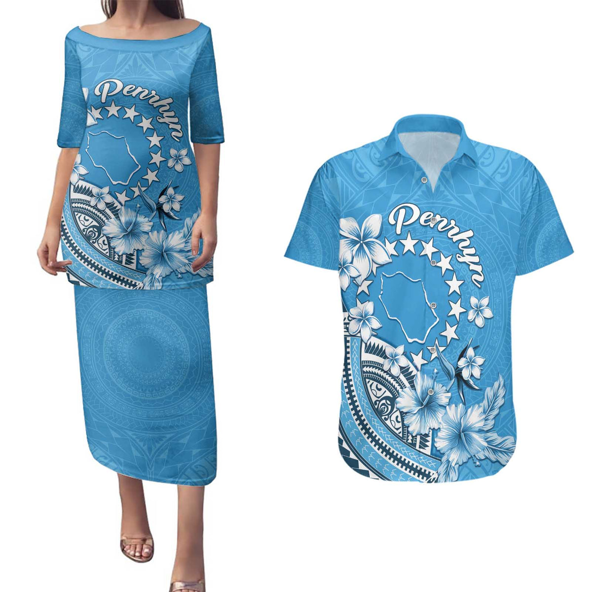 Personalised Penrhyn Gospel Day Couples Matching Puletasi and Hawaiian Shirt Cook Islands Tribal Pattern