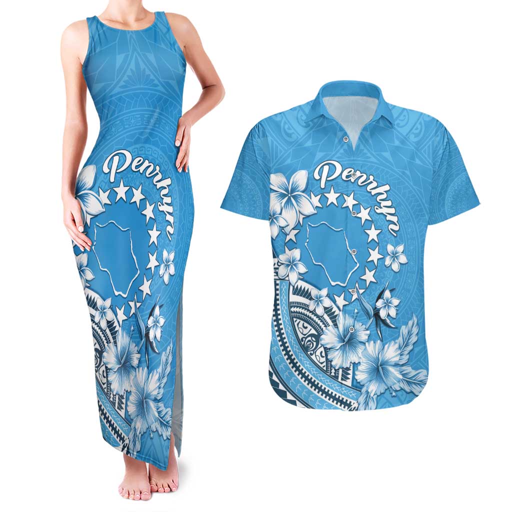 Personalised Penrhyn Gospel Day Couples Matching Tank Maxi Dress and Hawaiian Shirt Cook Islands Tribal Pattern LT05 Blue - Polynesian Pride