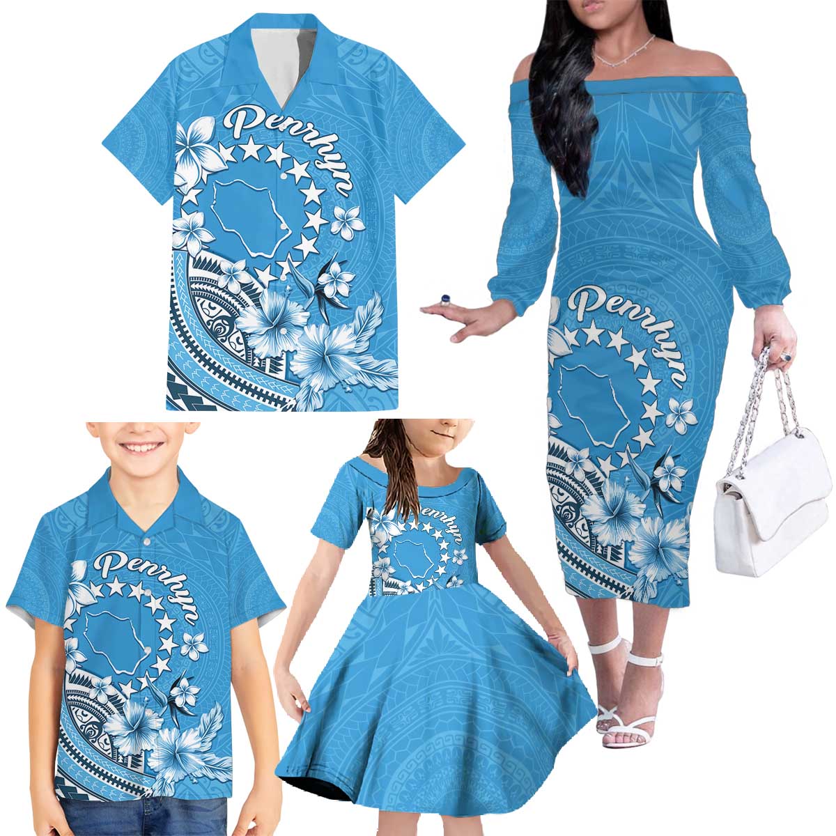 Personalised Penrhyn Gospel Day Family Matching Off The Shoulder Long Sleeve Dress and Hawaiian Shirt Cook Islands Tribal Pattern LT05 - Polynesian Pride