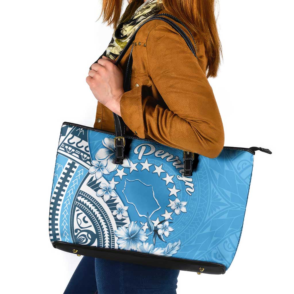 Penrhyn Gospel Day Leather Tote Bag Cook Islands Tribal Pattern LT05 Blue - Polynesian Pride