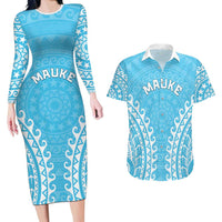 Custom Cook Islands Mauke Couples Matching Long Sleeve Bodycon Dress and Hawaiian Shirt Polynesian Tribal Tattoo LT05 Baby Blue - Polynesian Pride